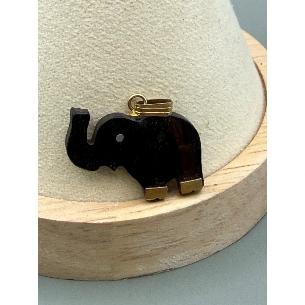 Elephant Pendant Wood Gold Tone Animal Charm Dark Brown Small Boho Jewelry